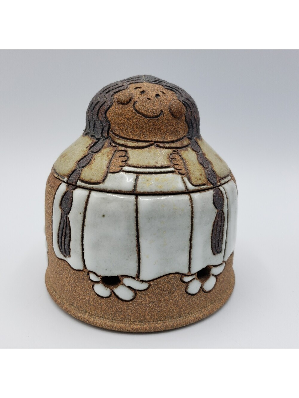 Krista Hahn Art Pottery Figural Garlic Keeper Covered Jar Girl Pigtails